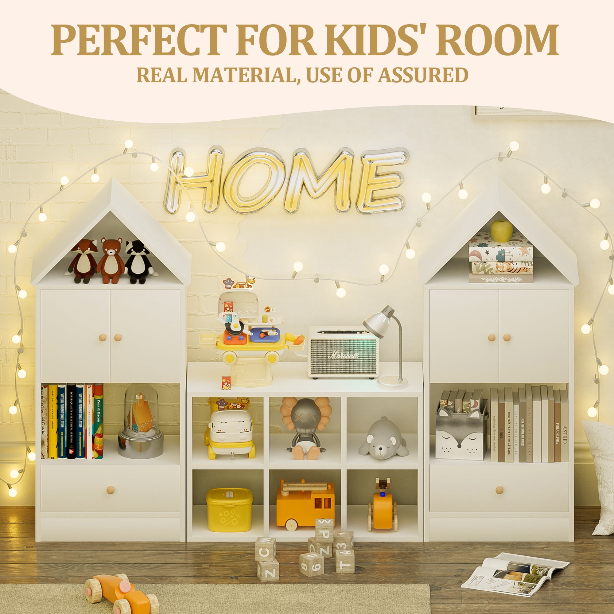 PORKISS Kids Bookshelf, Wooden Bookshelf for Kids with House-Shaped Design, Modern Toy Organizer with Storage for Playroom, Bedroom, White