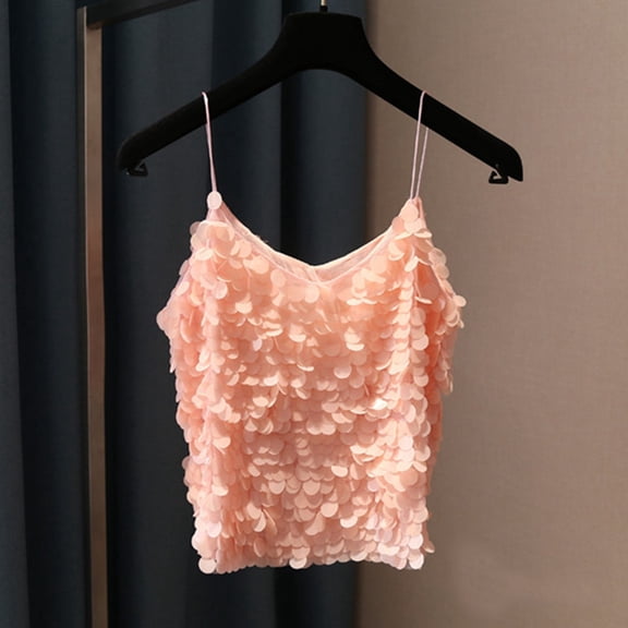 Women's Tanks Sleek V-Neck Sequined Tank Top with Fish Scale Shine for Women Pink One Size
