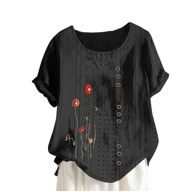 Birdeem Blouses pour Femmes Mode Imprimée Confortable Ample Manches Courtes Blouse Boutonnée Col Rond Décontracté