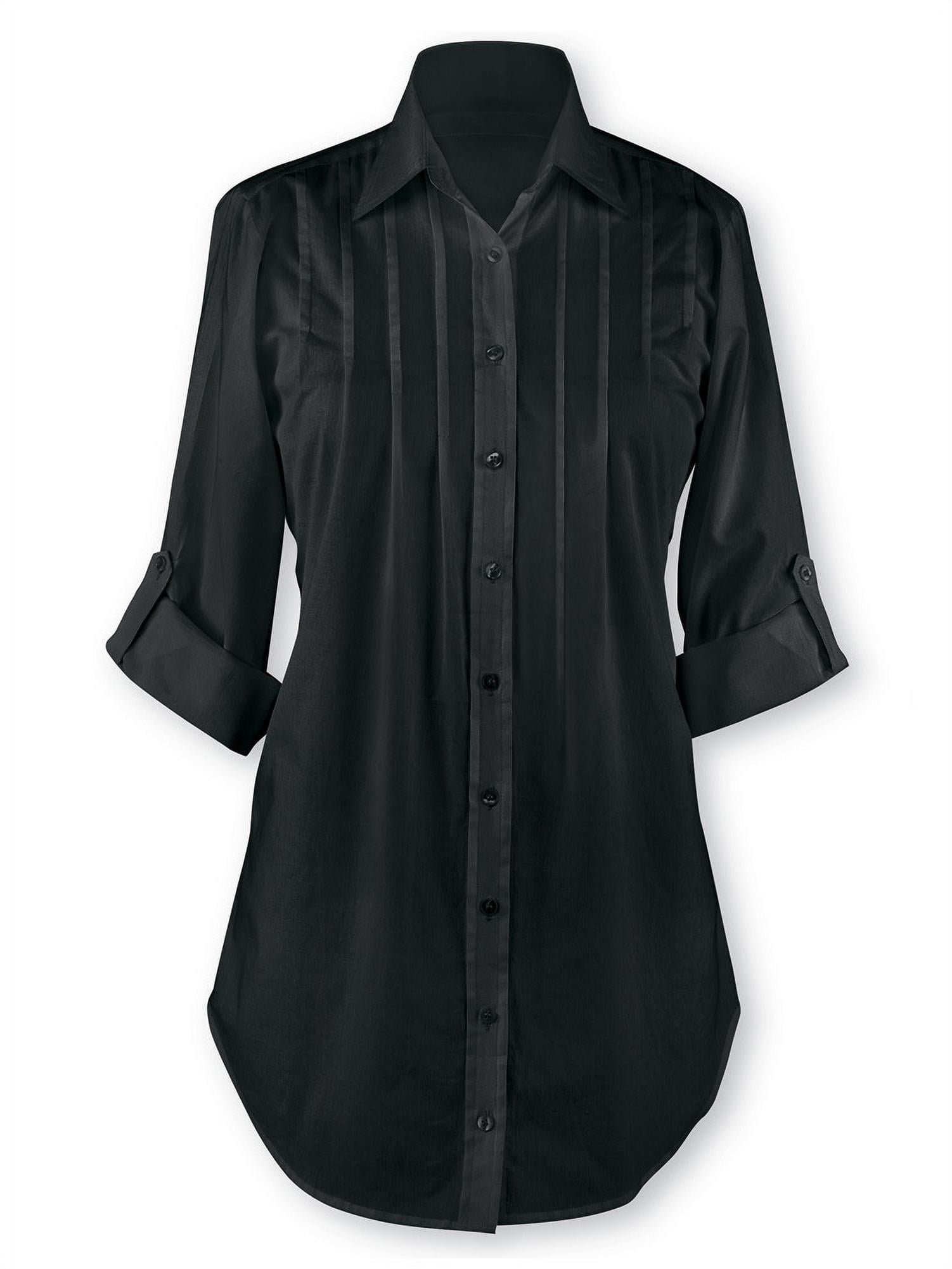 Women's Pintuck Button Front Tunic Top, Large, Black - Walmart.com