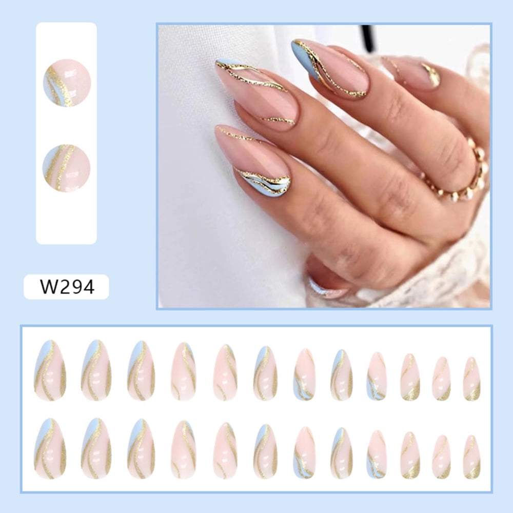 Gold Ripple Blue Fake Nails Not Hurting Hands Not Easy to Break Nails