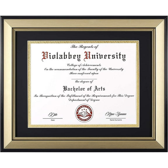 VIOLABBEY 8.5x11 Diploma Frame Light Gold, 8.5 x 11 Certificate Frame with Mat or 11x14 College Degree Frames without Mat, Wall or Tabletop Display, Tempered glass (Matte Black Gold Double Mat)