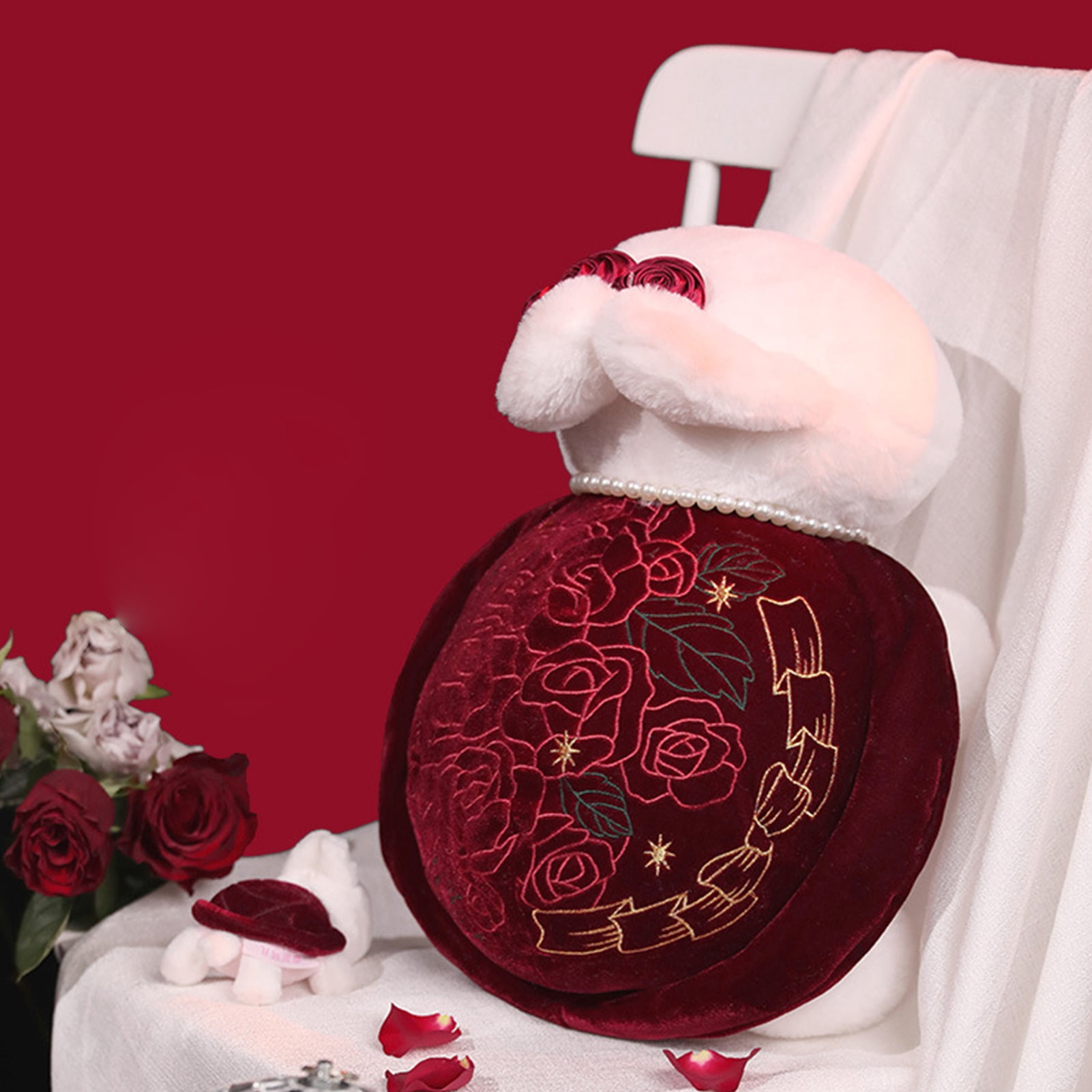 D-GROEE Soft Rabbit Plush Toy Rabbit Plush Toy with Shell Rose Golden Coins Pink Flower Soft Fuzzy Stuffed Plushie Home Decoration Girlfriend Valentine's Day