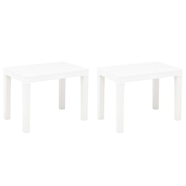 vidaXL Garden Benches 2 pcs White Plastic, featuring two durable and weather-resistant benches made of low-maintenance plastic with a wood-look surface. Each bench measures 60 x 38.5 x 45 cm (W x D x H) and is lightweight for easy mobility. Ideal for patio seating and outdoor use year-round.