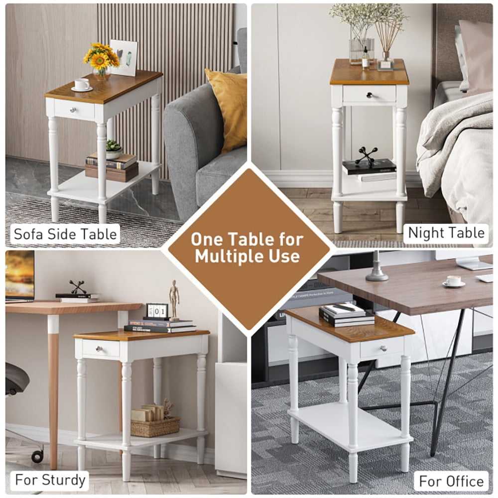 Finihen End Table, Narrow Side Table with Drawer and Open Storage Shelf, Sofa Side Table, Bed Side Table, for Living Room, Bedroom, White Finihen End Table, Narrow Side Table with Drawer and Open Storage Shelf, Sofa Side Table, Bed Side Table, for Living Room, Bedroom, White