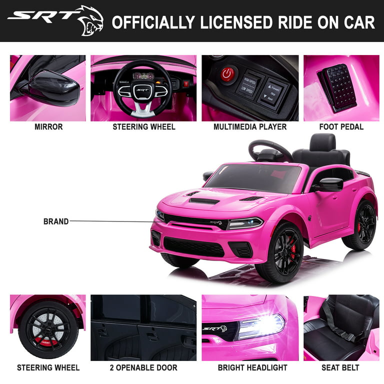 uhomepro Pink 12 V Dodge Charger SRT Hellcat Battery Powered Ride on Cars  with Remote Control, Bluetooth, LED Light and MP3 Player