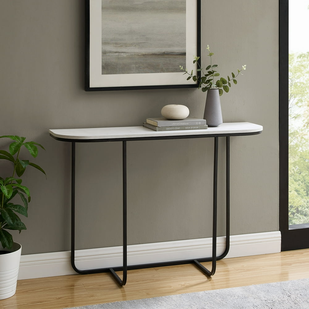 Ember Interiors Modern Curved Entry Table, White Faux Marble