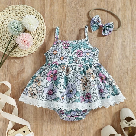 

Toddler Girl Dress Cotton Kids Princess Party Strap Sleeveless Bowknot Hairband Romper