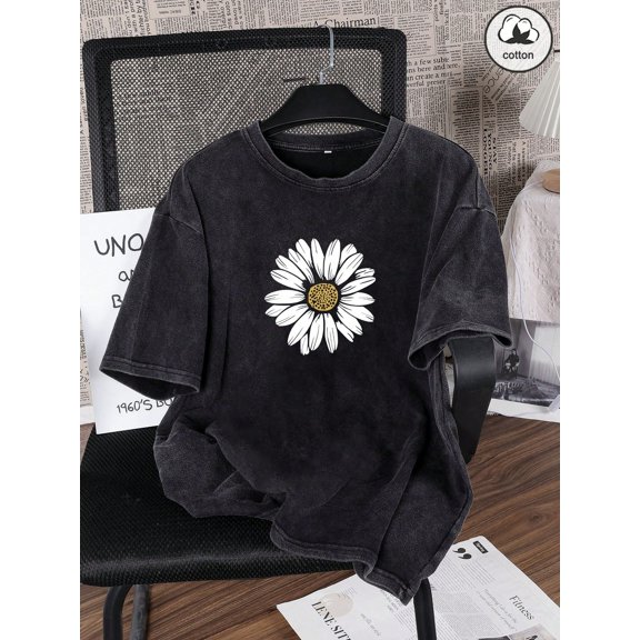 White Daisy Flower Vintage Oversized Washed High Street Grunge Y2K Short Sleeve Crewneck Cotton Unisex Men's Women's Tee Shirt