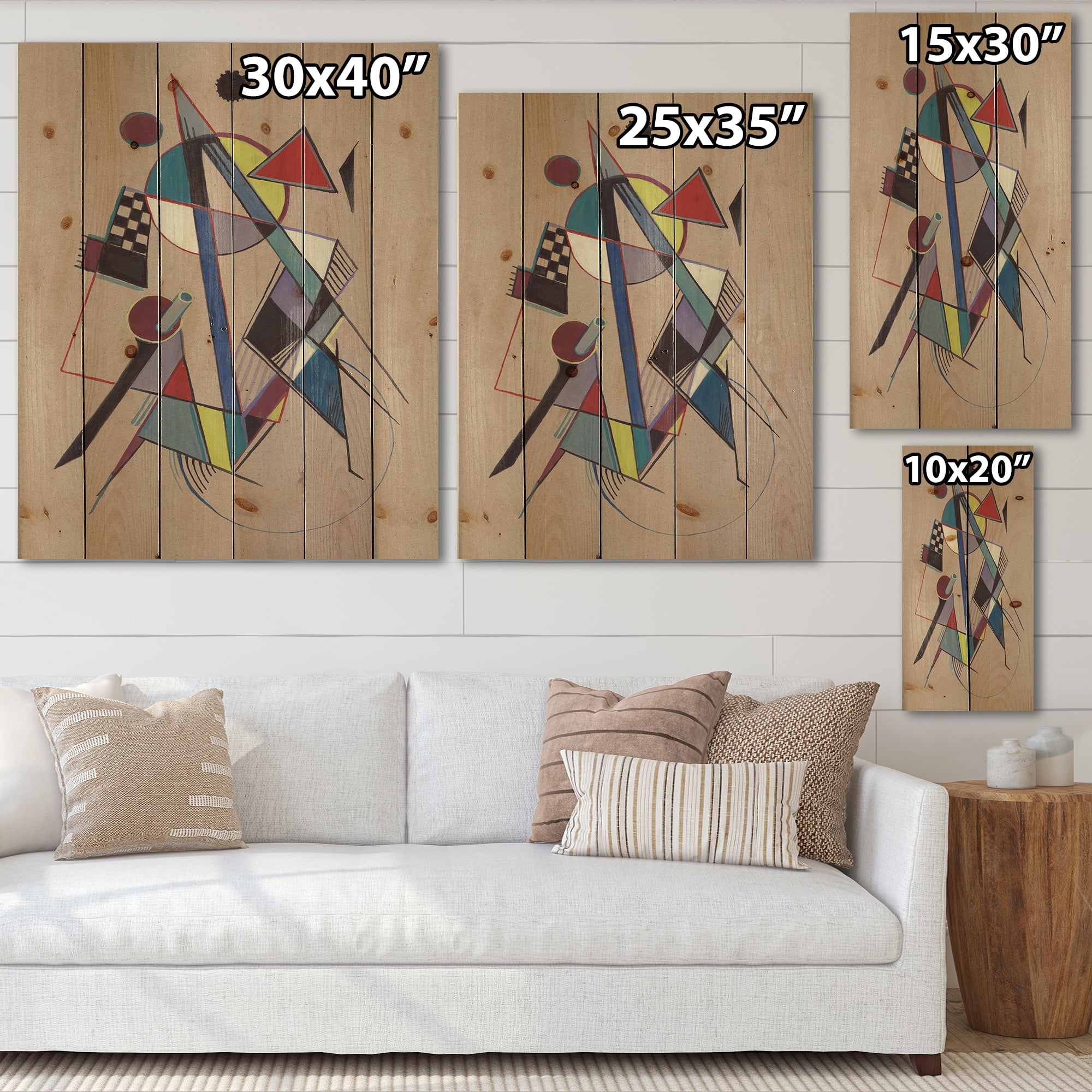 Designart 'Abstract Compositions Of Colored Geometric III' Modern Print on Natural Pine Wood