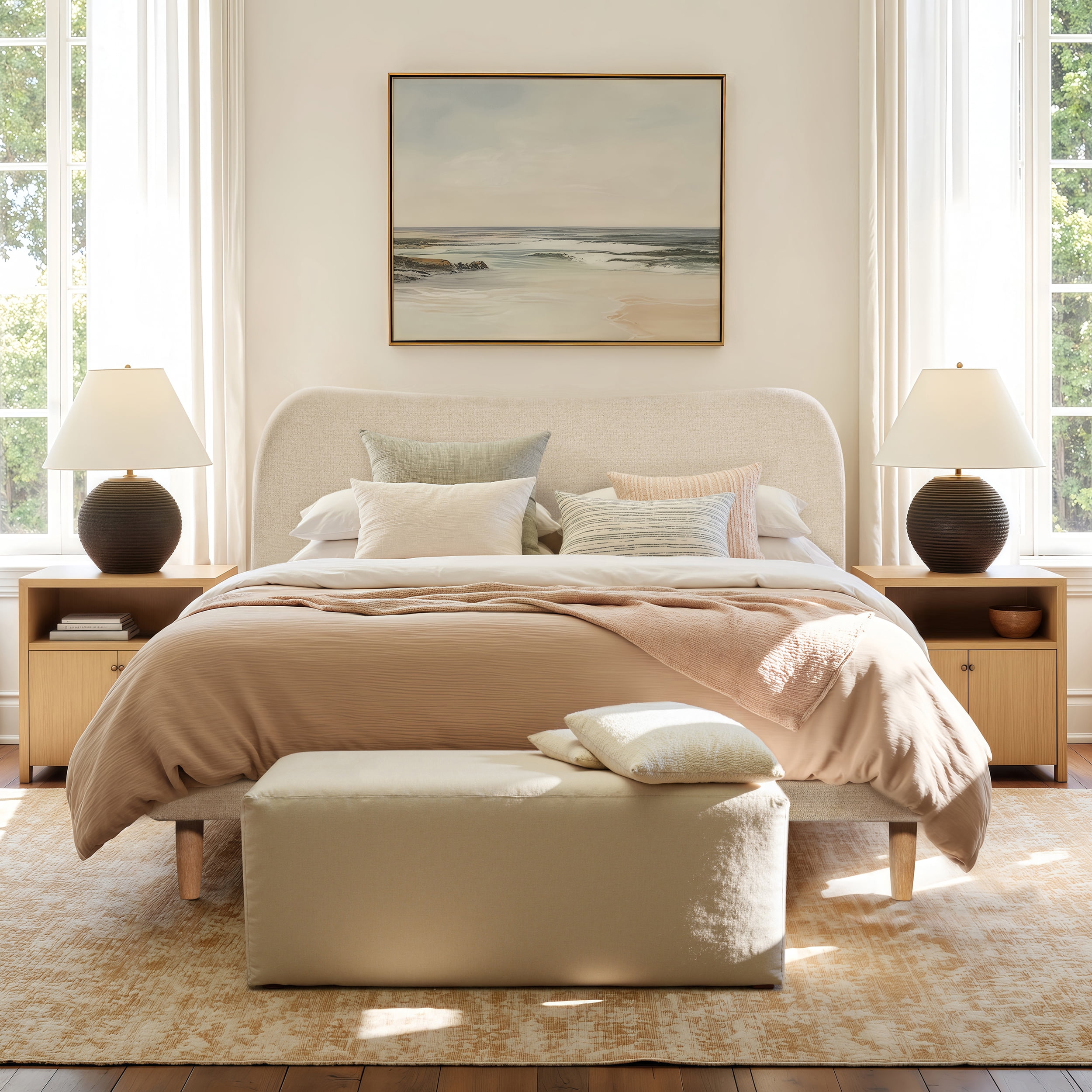 Jennifer Taylor Home Roman Curved Headboard Upholstered Platform Bed Queen Oatmeal Light Beige Chenille
