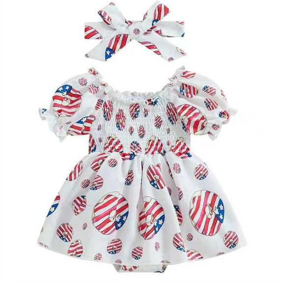 KAUOD Baby Girls Short Sleeve Patriotic Romper Dress Bubble Short Sleeve Independence Day Smocked Bodysuit with Headband