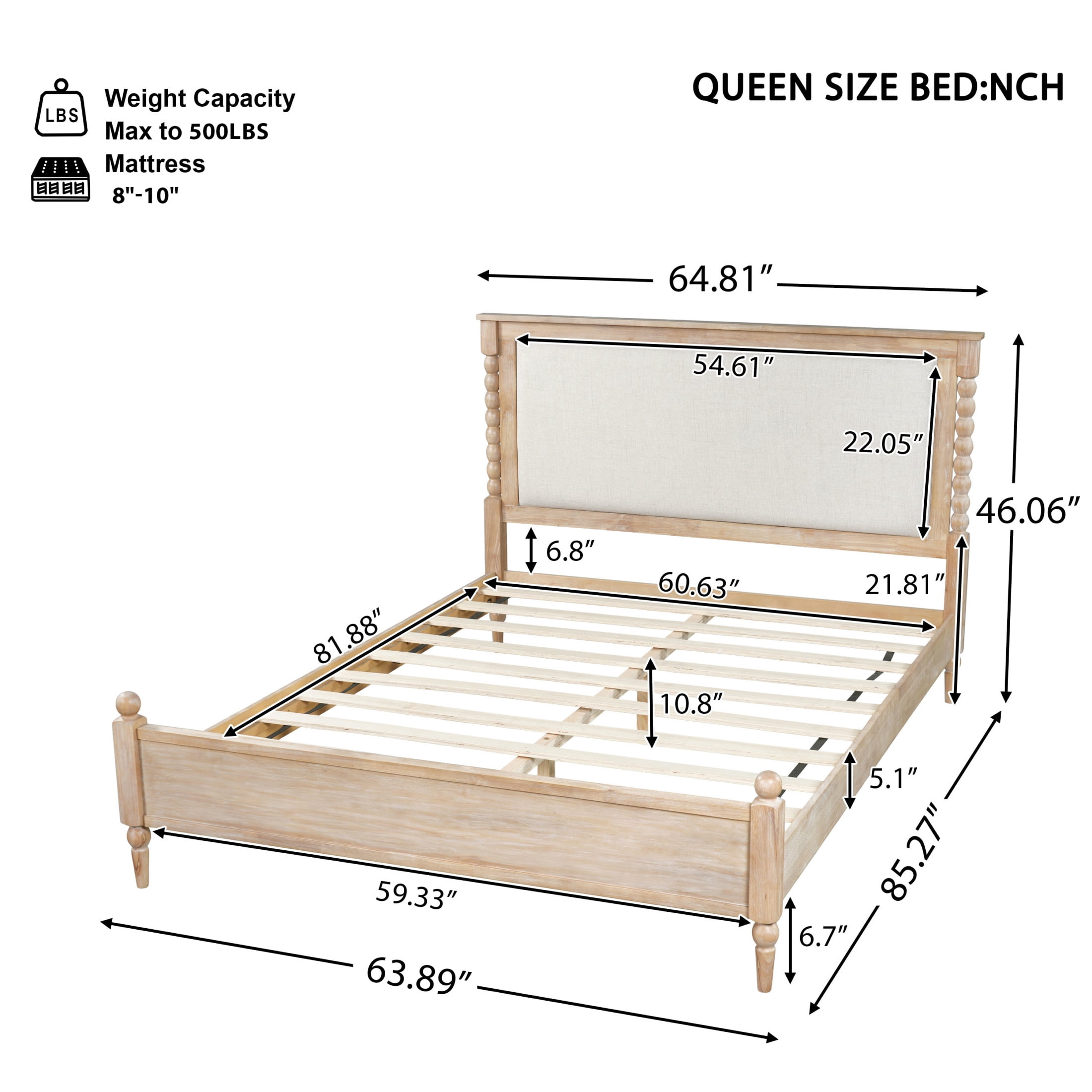 Christopher Knight Home Traditional Wood Bed Frame with Spindle Upholstered Headboard, Queen Size, Natural