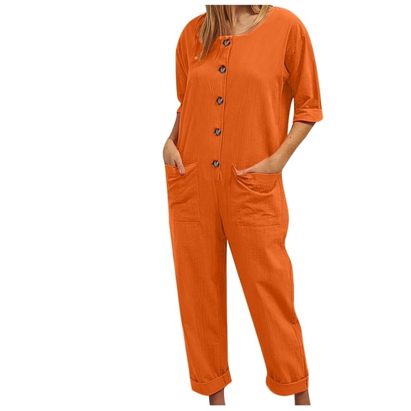 Women Romper Half Button V Neck Jumpsuit Wide Leg Short Sleeve Playsuits Pockets Summer Dungarees Elegant Petite Cotton Linen Rompers Ladies