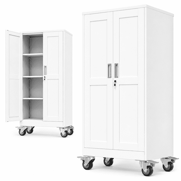 61" Metal Storage Cabinet with Wheels and Locking Doors, Rolling Steel Garage Cabinet with 3 Adjustable Shelves, Tall Storage Organizer for Garage, Home, Office and Workshop, White