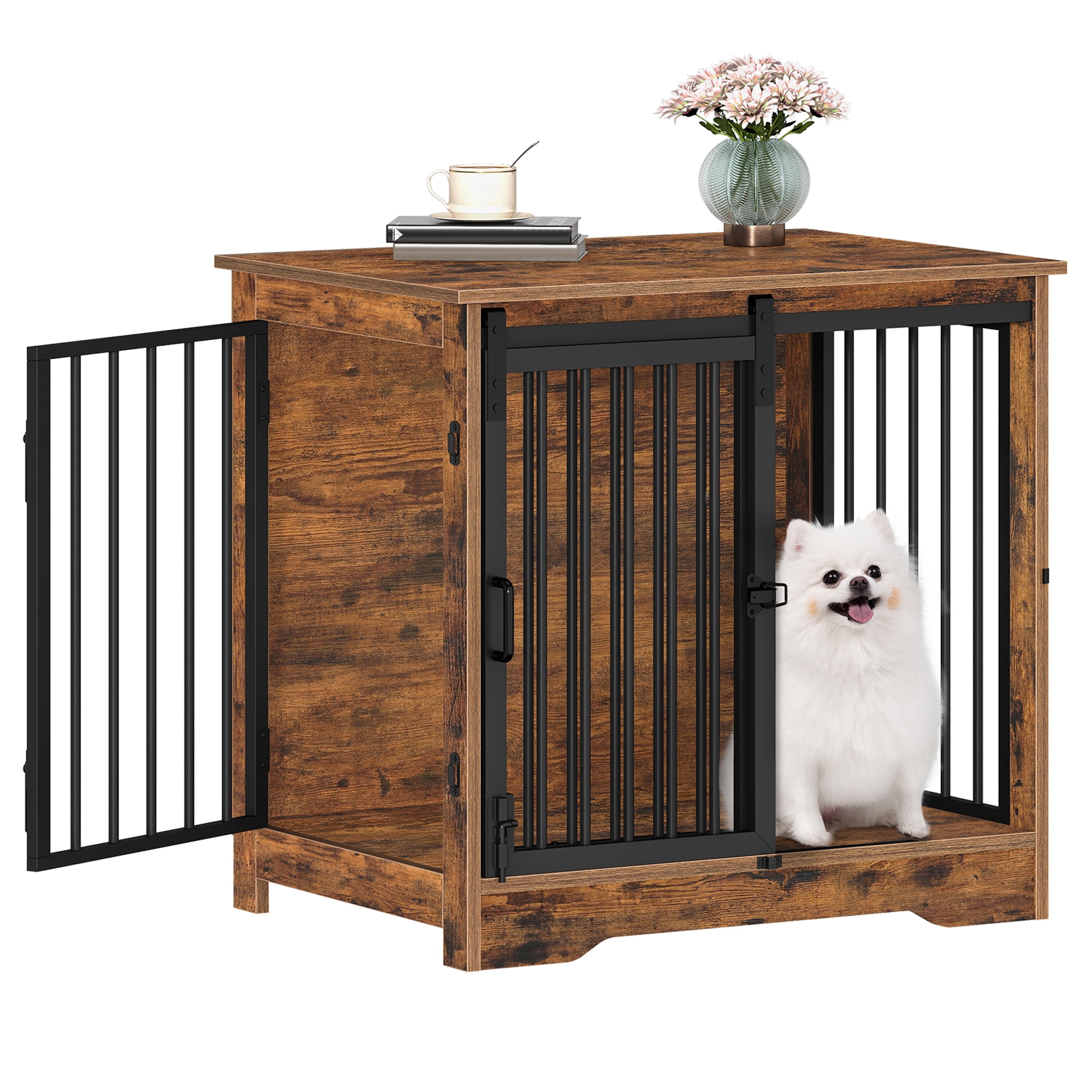27.2" Dog Crate Furniture with Barn Door, Heavy Duty Wooden Kennel for Small Dogs up to 22 lb, Rustic Brown
