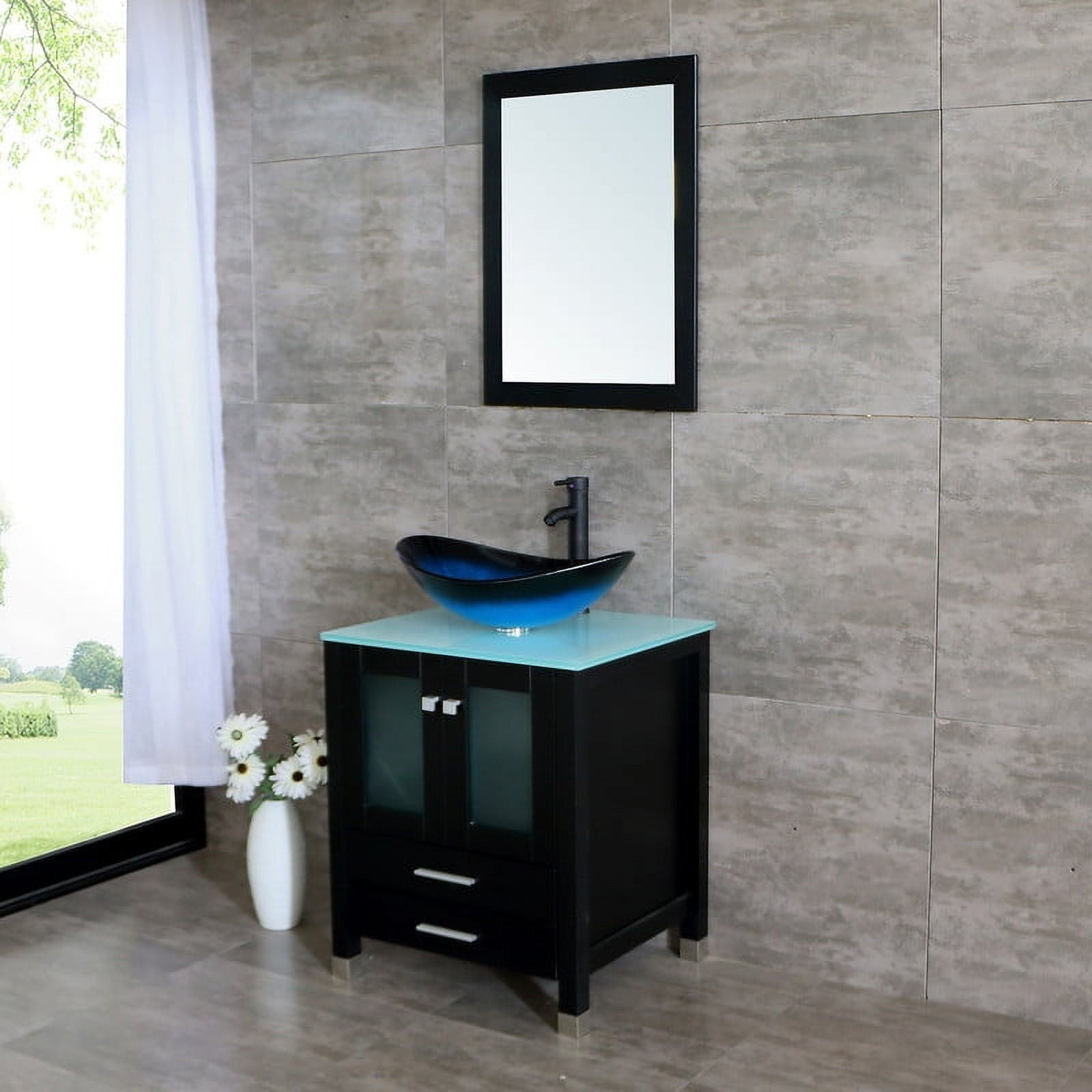 Walsport 24" Luxurious Bathroom Vanity with Blue Tempered Glass Vessel Sink Bowl and Countertop and Mirror and Faucet,Stand Floor Cabinet Bathroom Storage Vanity with Pop Up Drain,Black