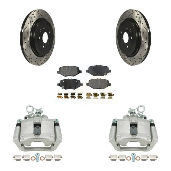 Transit Auto Rear Disc Brake Coated Caliper Drilled Slotted Rotors and Ceramic Pads Kit for Car Ford Explorer Flex Taurus Police Interceptor Sedan Special Service KCD-100508T