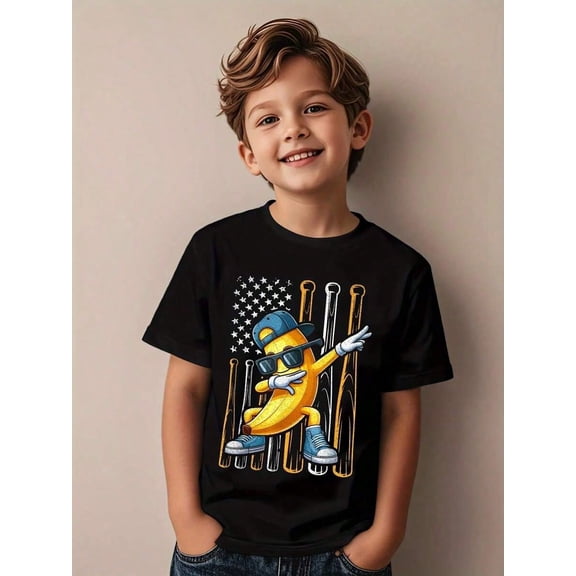 children’s wear Funny Dabbing Banana American Flag Graphic Tee for Boys, Cute Kids Short Sleeve T-Shirt, Retro USA Patriotic Summer Top for Child