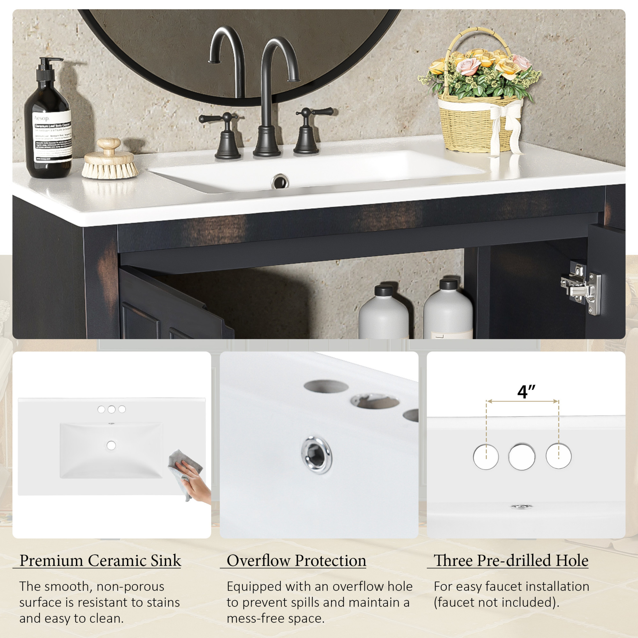 Noble House 72" Retro Dual Bathroom Vanity Set of 2, Ceramic Sinks, Soft-Close Doors & Adjustable Shelf, Espresso