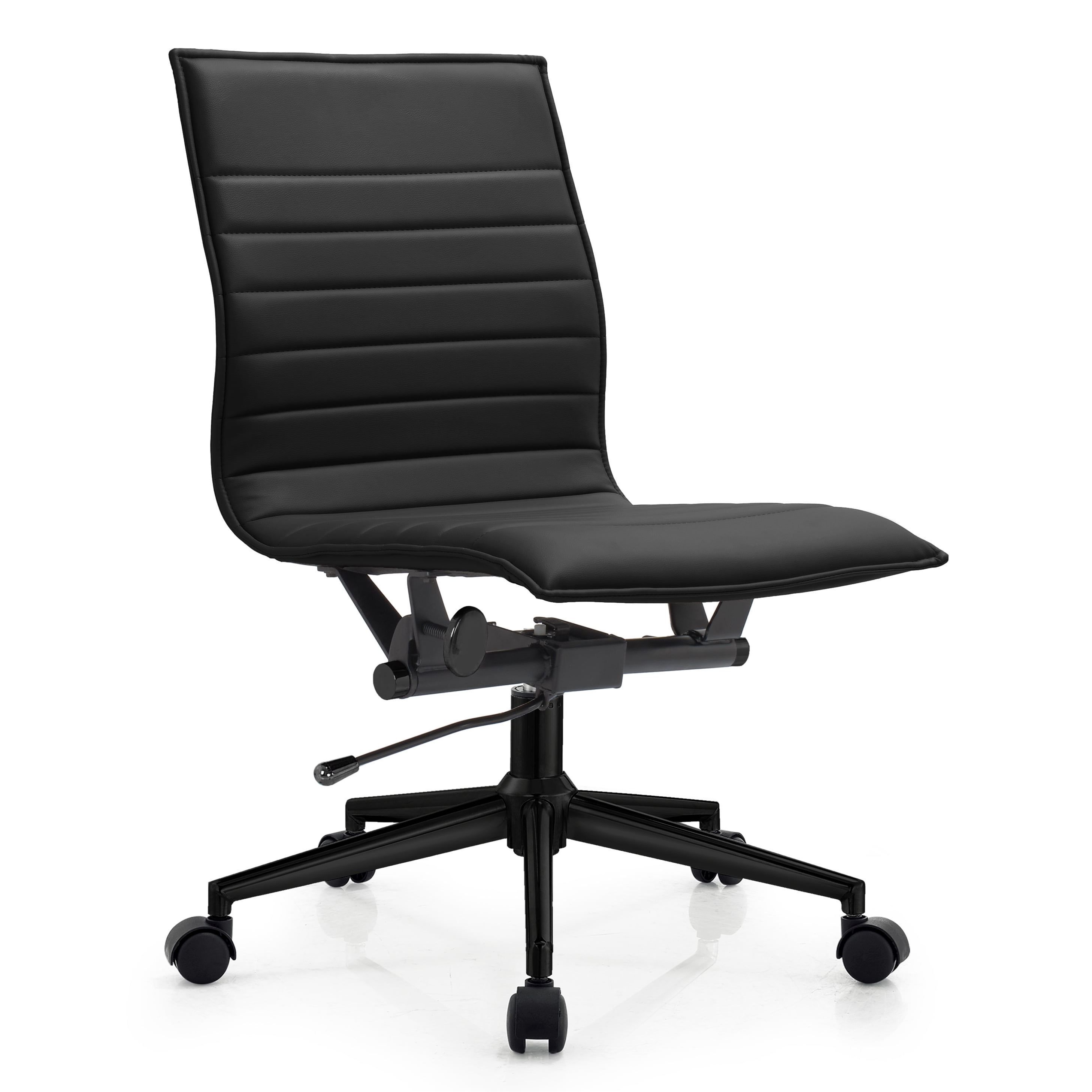 2xhome All Black Mid Century Contemporary Executive Office Chair Mid back PU Leather Rest Arms Tilt Adjustable Height With Wheels Back Support Task Chrome Armless Ergonomic, Set of 1, 1 piece