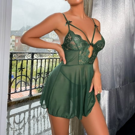Sexy Crotchless Lingerie for Women Sensual Teddy Chemise Lace Mini Nightie See Through Lingerie