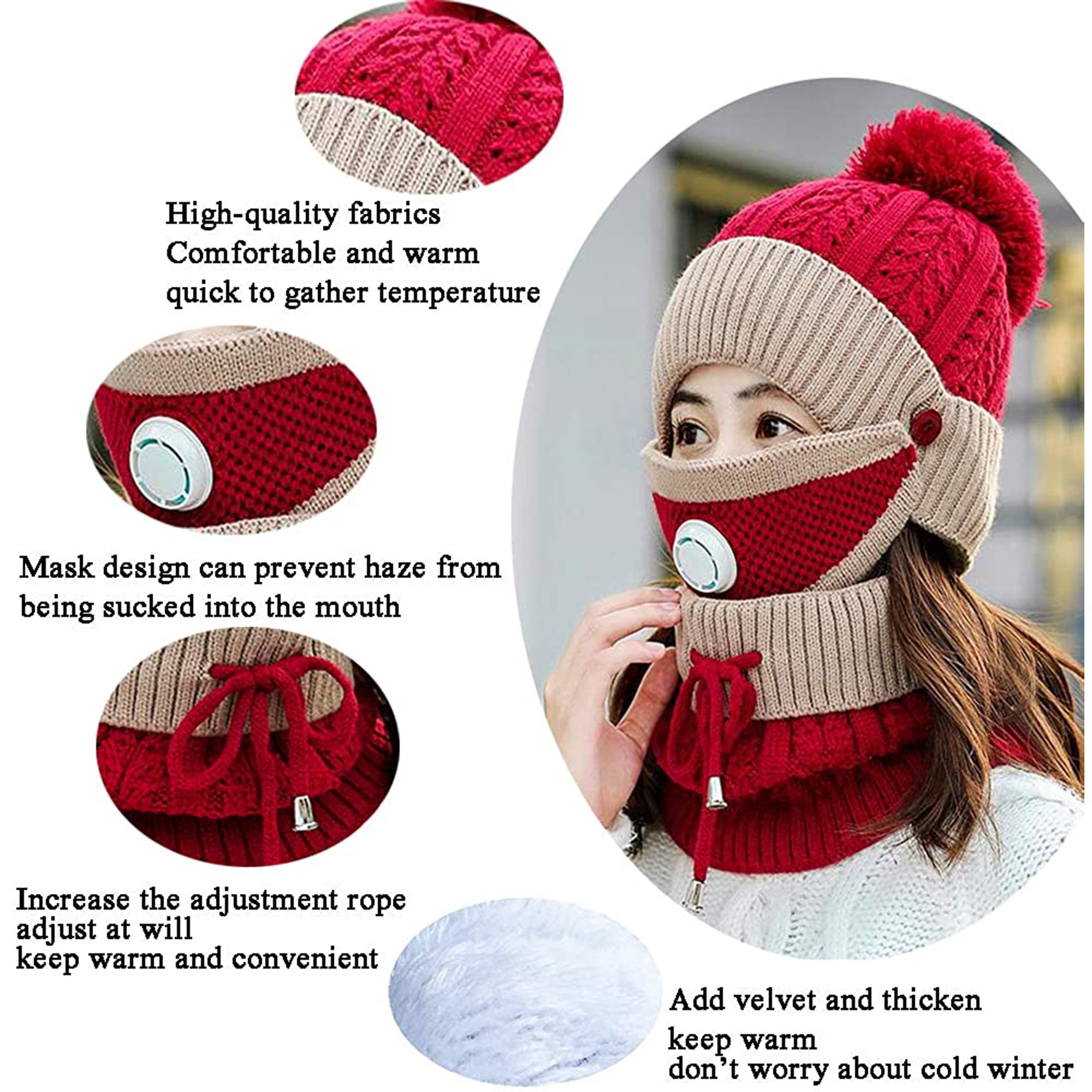 Women Winter Hat Set of 3, Warm Knit Beanie Hat Scarf Mask Set with Fleece Lined Skull Caps Neck Scarves