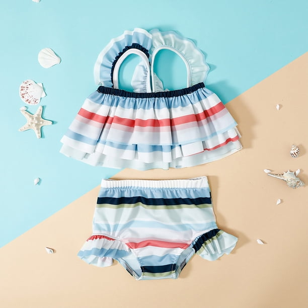 Augper Toddler Kid Baby Girl Vest Ruffle Print Swimwear+Swimming Trunks Two-Piece Set