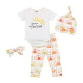 thumbnail image 1 of 2022 Baby 4Pcs Spring Outfits  Short Sleeve Cartoon Print Romper + Pants + Hat + Headband Set, 1 of 8