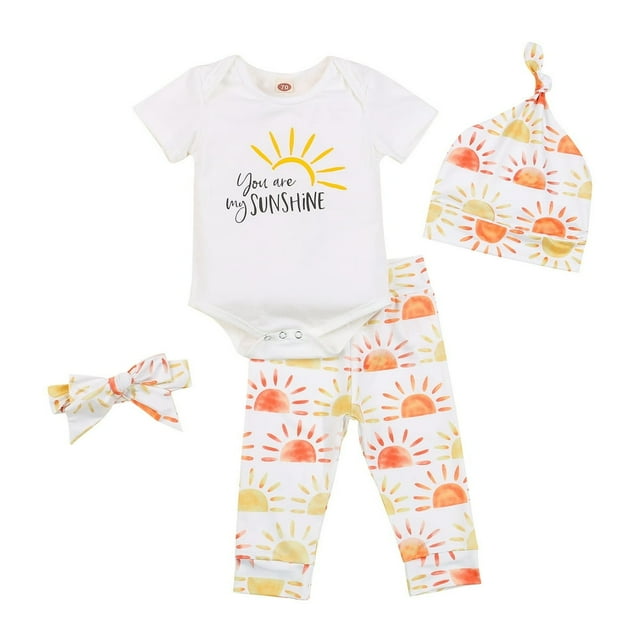2022 Baby 4Pcs Spring Outfits Short Sleeve Cartoon Print Romper + Pants + Hat + Headband Set