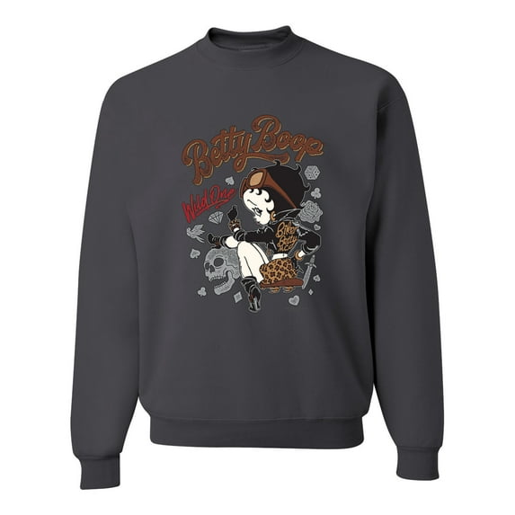 Wild Bobby, Biker Betty Boop Wild One MC Motorcycle Betty Boop Unisex Crewneck Sweatshirt, Charcoal, X-Large