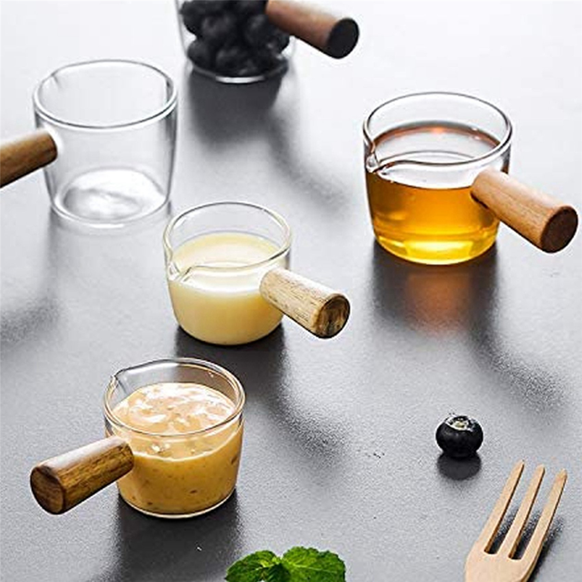 8PCS Transparent Glass Creamer with Wooden Handle, Mini Coffee Milk Creamer Pitcher. 50Ml