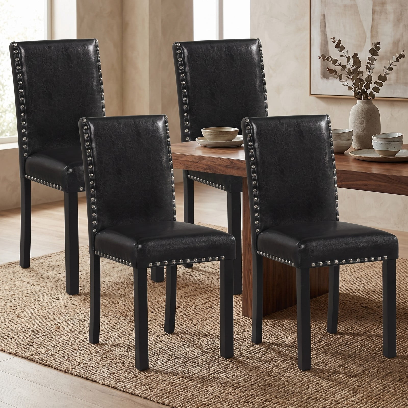 Furnibear Set of 4 Dining Chairs, Upholstered Faux Leather Kitchen Chairs with Solid Rubber Wood Legs, Nailhead Trim Armless Side Chairs for Dining Room, 400, Black