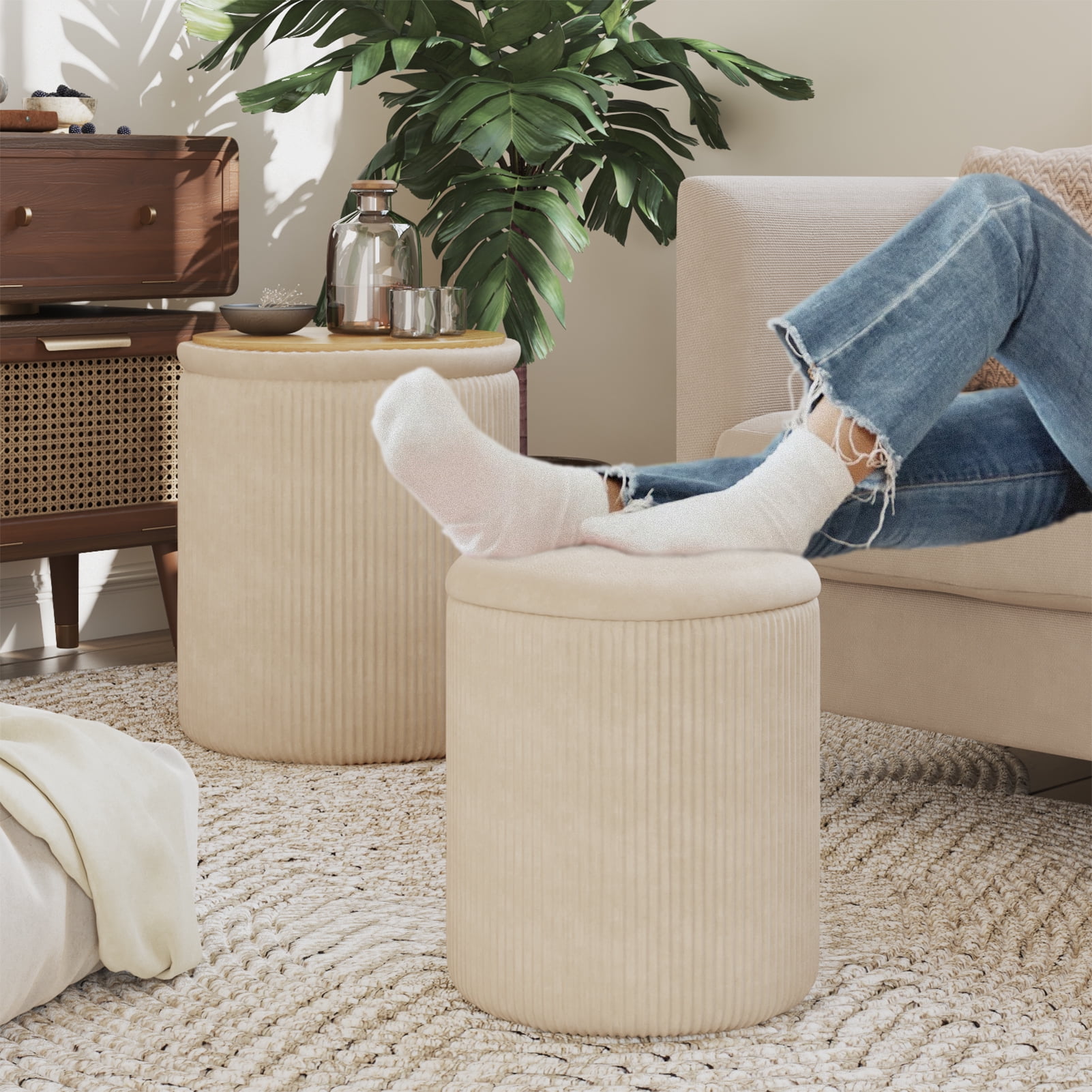 Waleaf Round Ottoman with Storage Set of 2, Upholstered Velvet Vanity Stool for Living Room & Bedroom, Beige