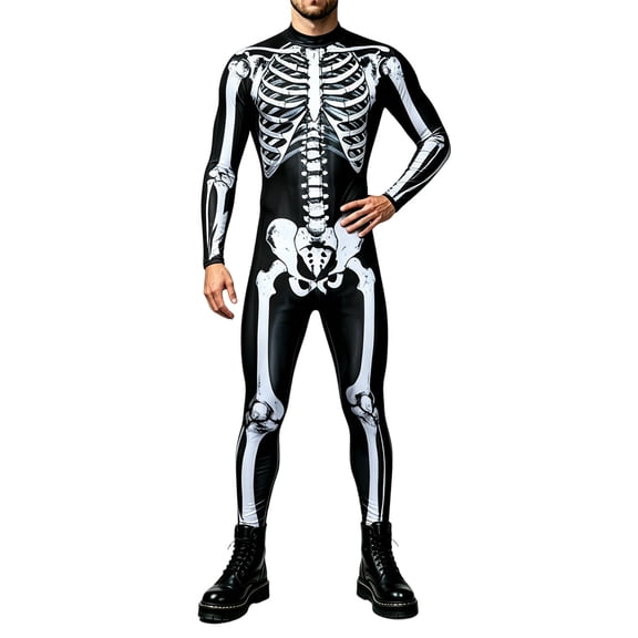 HNMKIU Men's Halloween Skeleton Jumpsuit Tight Fit Bodysuit with Zipper Front Party Black - L