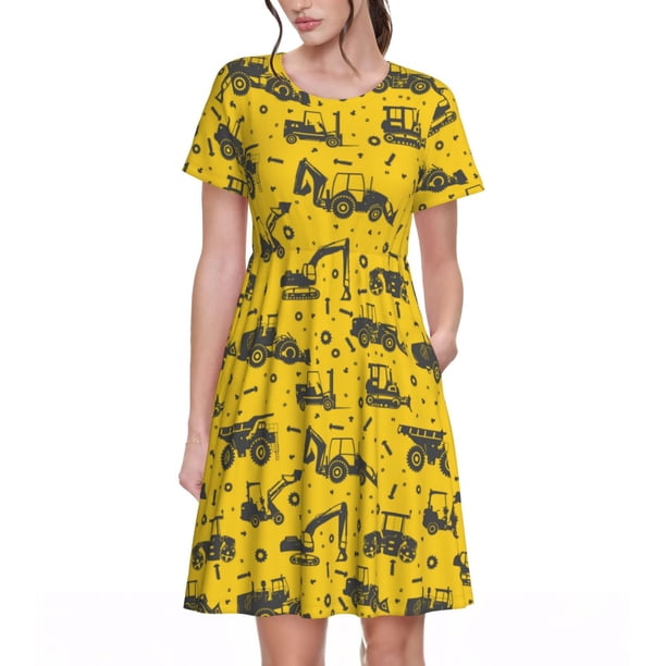 Disketp Vintage Excavator para Vestido de Manga Corta para Mujeres, Vestidos de Verano para Mujeres, Casual y Holgado para la Playa