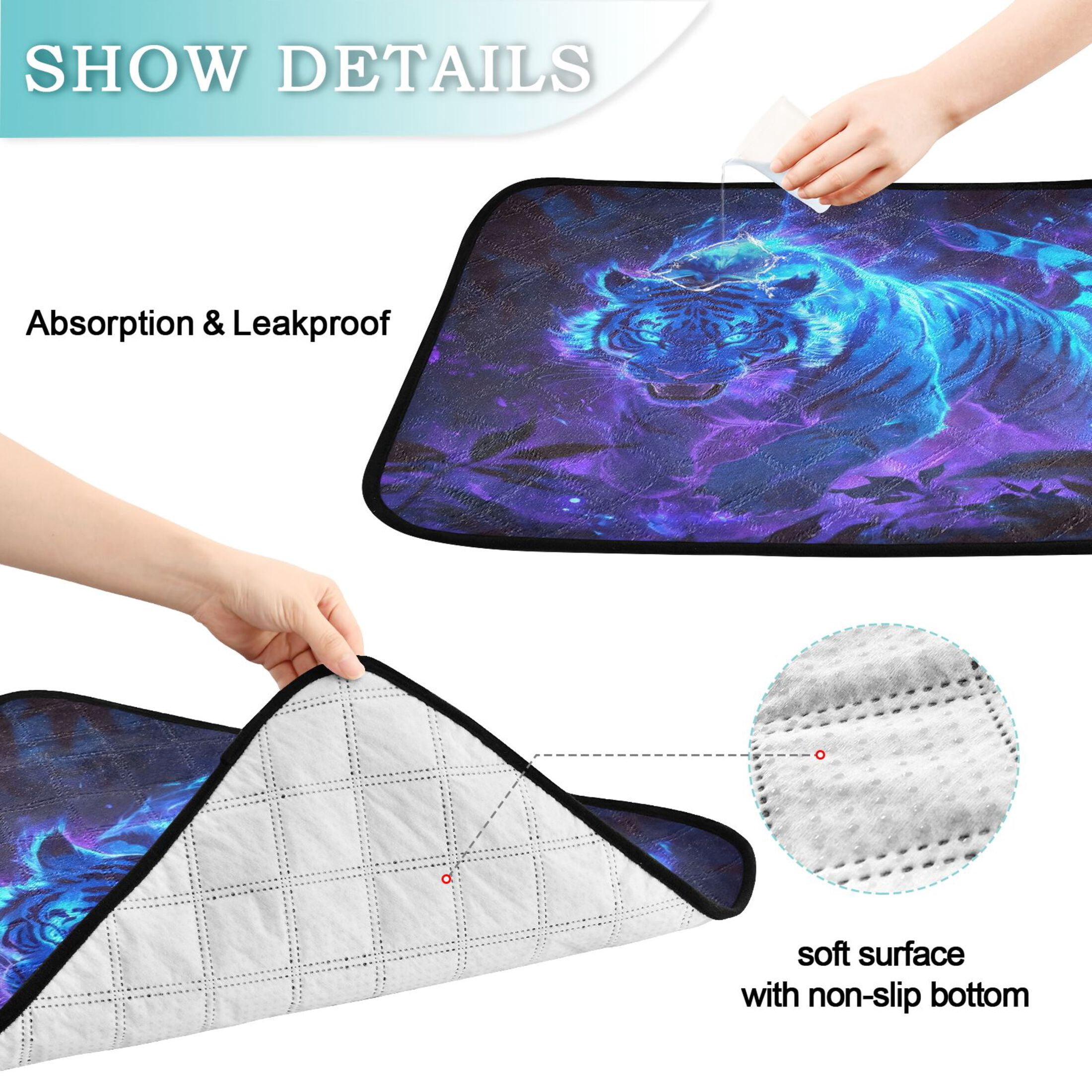 Qxltty Glowing Blue Tiger Cat litter Pads Pet Set of 2 Diaper Mats Center Anti-leakage Layer Absorbent Soft and Comfortable