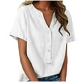 thumbnail image 3 of Women's Linen Inspired V-Neck Buttoned Half-Open Front Fashion Solid Color Short Sleeve T-Shirt Top, 3 of 9