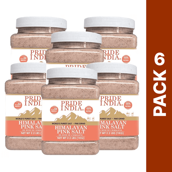 Pride of India - Pack of 6 - Himalayan Pink Salt Fine, 2.2 lbs Jar, Natural Rock Salt, Ideal for Cooking & Bath, Gluten-Free
