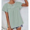 thumbnail image 3 of Top de manga corta con cuello redondo para mujer, blusa informal elegante de encaje de Color puro para trabajo de oficina, verde claro XL, 3 of 7