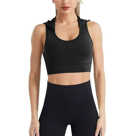 Yyeselk Womens Yoga Sports Bra Hooded Paded Sleeveless Racerback Workout Tank Tops Fitness Running Bras Crop Tops Black S