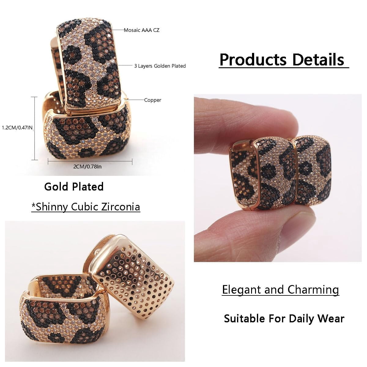 Z ZACHÉ Dainty Leopard Print Earrings Cubic Zirconia 18k Gold Plated Women Square Earrings