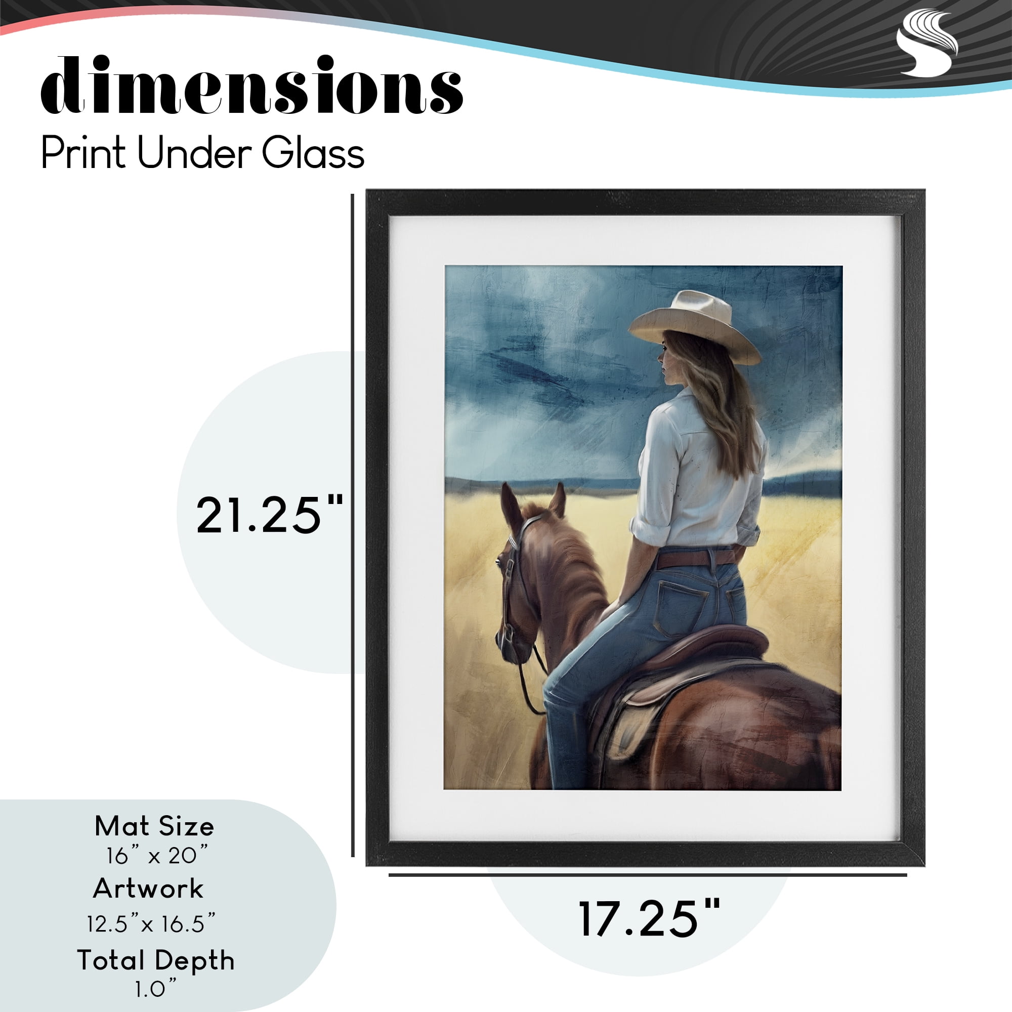 Countryside Cowgirl View Black Framed Print Under Glass, design by Kim Allen