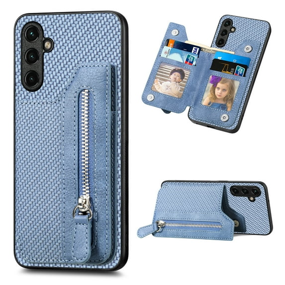 Feishell Case for Samsung Galaxy A14 5G 6.6 inch,Fiber Grain PU Leather Back Wallet Case with Credit Card Slots & Zipper Pocket Shockproof Magnetic Buckle Flip Kickstand Phone Case,Blue