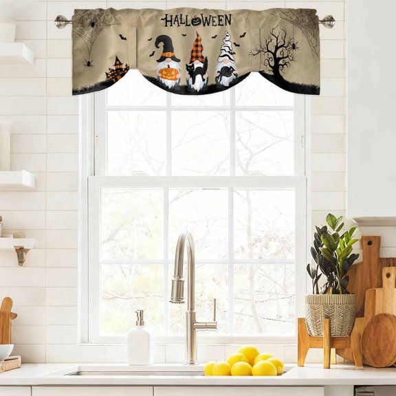 Tie Up Valance Curtain for Kitchen, Halloween Gnome Pumpkin Ghost Black Cat Rod Pocket Curtains Adjustable Tie-Up Shade Valances 54x18in, Dead Trees Spiders- Window Treatment for Bedroom Bathroom