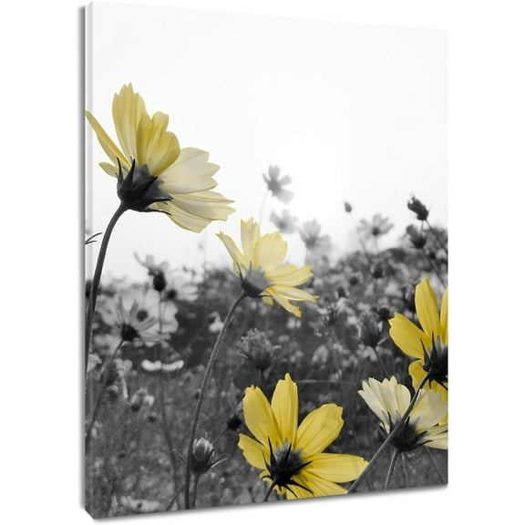 Yellow Floral Wall Art for Living Room Country Black and White Wildflower Pictures Wall Decor Flower Nature Plant Framed Canvas Wall Art for Bedroom Bathroom Home Office Decor,12L X 12W Inches