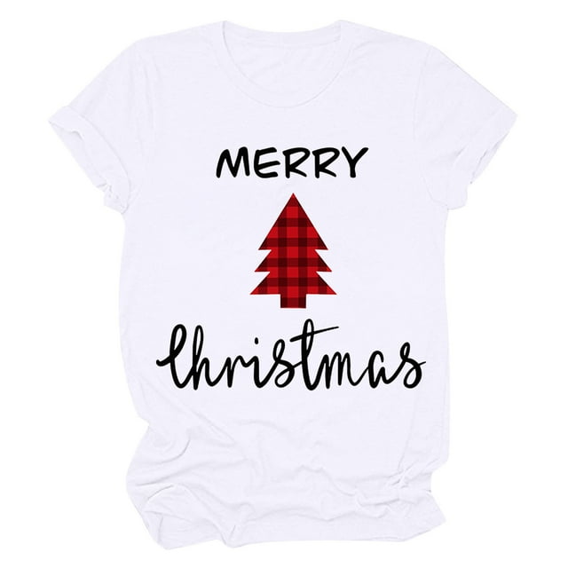 Haut de Sapin de Noël Femme Décontracté Col Rond Manches Courtes T-shirt Imprimé Sapin de Noël Haut