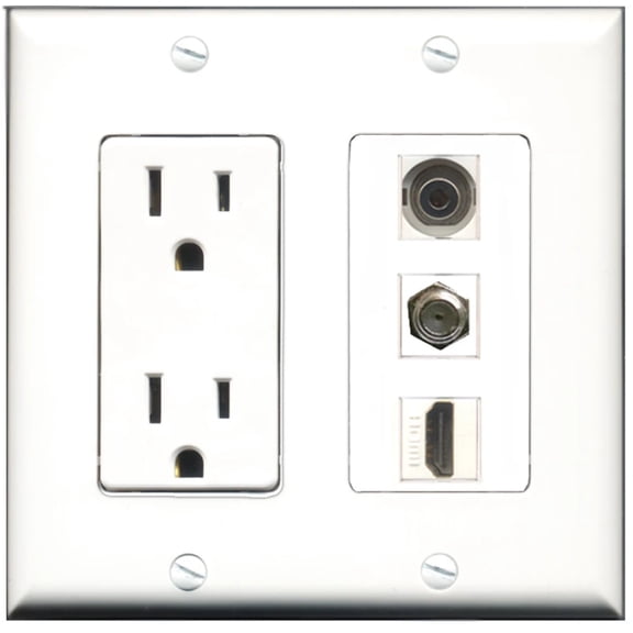 Ultra Spec Cables 15 Amp Power Outlet 1 Port HDMI Coax 3.5mm Wall Plate w/Female/Female Jacks