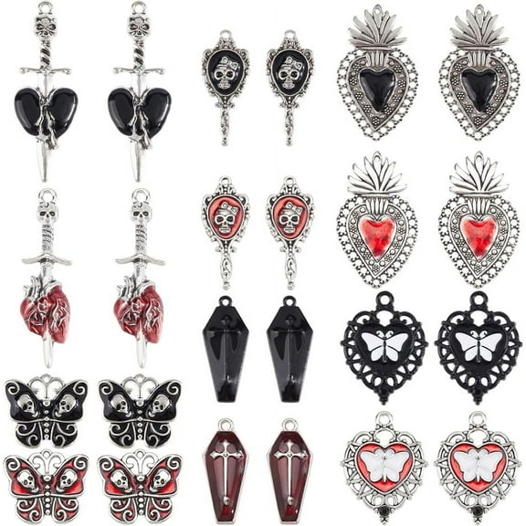 1 Box 24Pcs 12 Styles Red Gothic Charms Black Goth Charms Alloy Mirror Moth Heart Butterfly Animal Charm for Jewelry Making Charms DIY Bracelet Necklace Earrings Beginners for diy