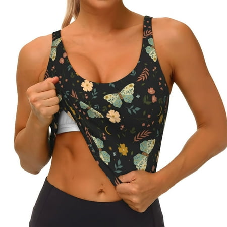 Goofa Moth And Flowers Printed Sports Bras for Women  High Impact Running Bra Workout Crop Tank Tops Longline Sports Bra Push up-X-Large